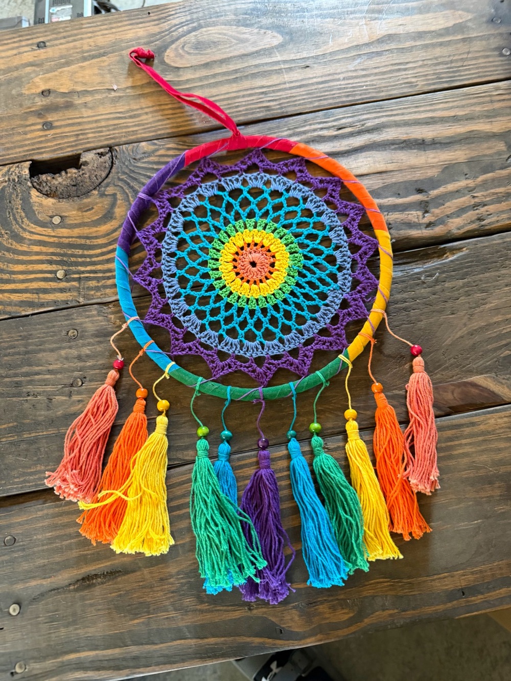 Handmade Rainbow Crochet Dreamcatcher - Multicolor